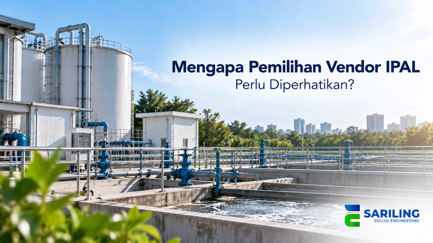 Instalasi IPAL dengan tangki pengolahan, pipa, dan kolam aerasi.