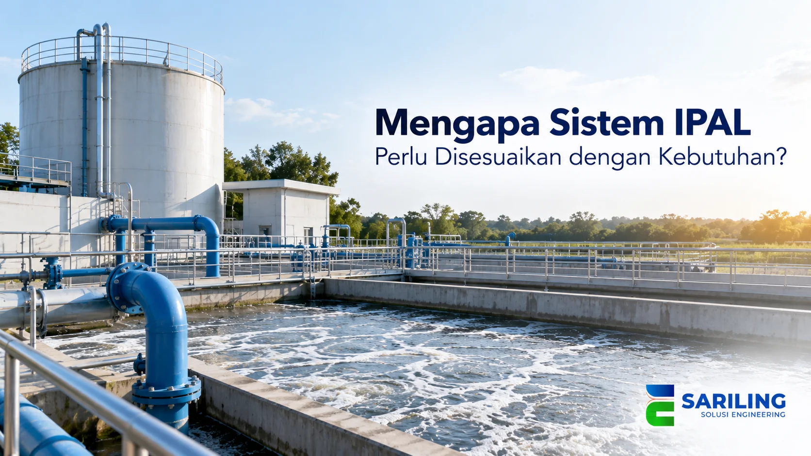 Instalasi IPAL dengan tangki pengolahan, pipa, dan kolam aerasi.