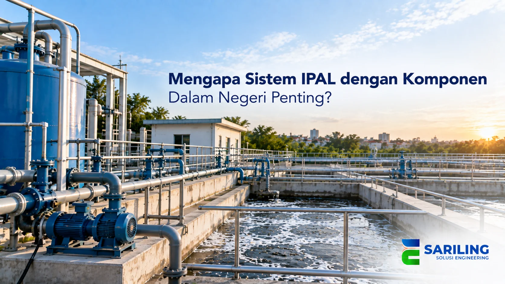 Instalasi IPAL dengan tangki, pompa, dan pipa yang menggunakan komponen teknik.