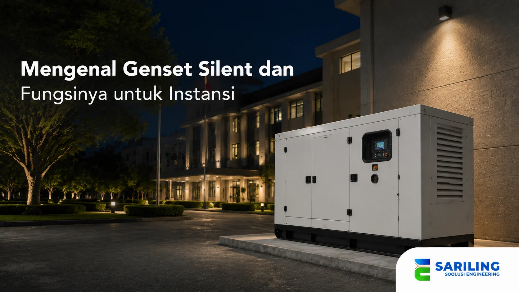 Banner genset silent dengan latar gedung instansi modern pada malam hari yang menampilkan generator berperedam suara sebagai solusi kelistrikan cadangan.