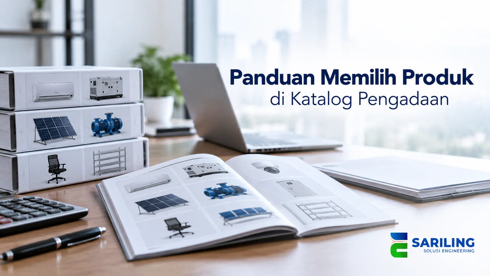 Katalog produk pengadaan terbuka di atas meja kerja dengan laptop dan dokumen.