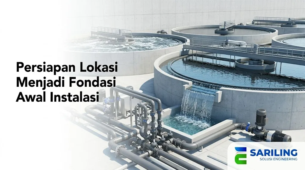 Banner instalasi sistem IPAL dengan teks persiapan lokasi menjadi fondasi awal instalasi.