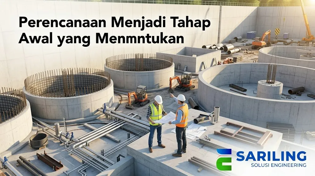 Banner proyek fasilitas IPAL dengan teks perencanaan menjadi tahap awal yang menentukan.
