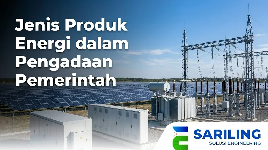 Banner infrastruktur energi modern dengan judul "Jenis Produk Energi Pengadaan Pemerintah" dan logo "Sariling Solusi Engineering".