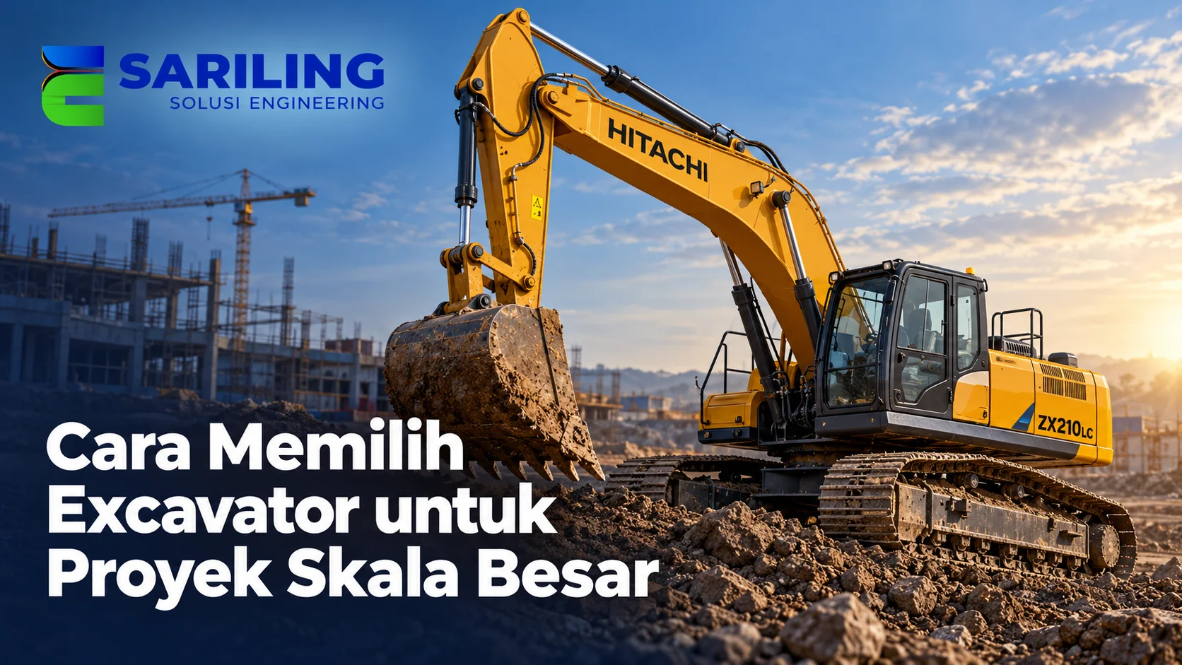 Excavator Hitachi ZX210LC TKDN untuk proyek skala besar dengan logo Sariling Solusi Engineering.