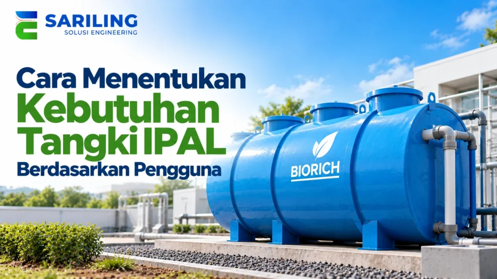 angki IPAL Biorich berwarna biru untuk pengolahan limbah, dilengkapi sistem perpipaan dan ditampilkan bersama logo Sariling Solusi Engineering dalam ilustrasi fasilitas pengolahan air limbah.