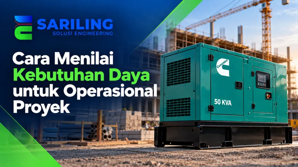 Genset Cummins 50 KVA INAPROC untuk kebutuhan daya operasional proyek konstruksi dengan logo Sariling Solusi Engineering.