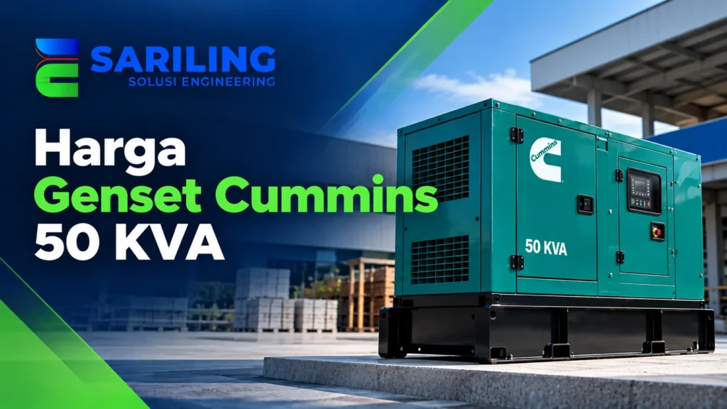 Harga Genset Cummins 50 KVA untuk kebutuhan pengadaan elektrikal dengan logo Sariling Solusi Engineering.