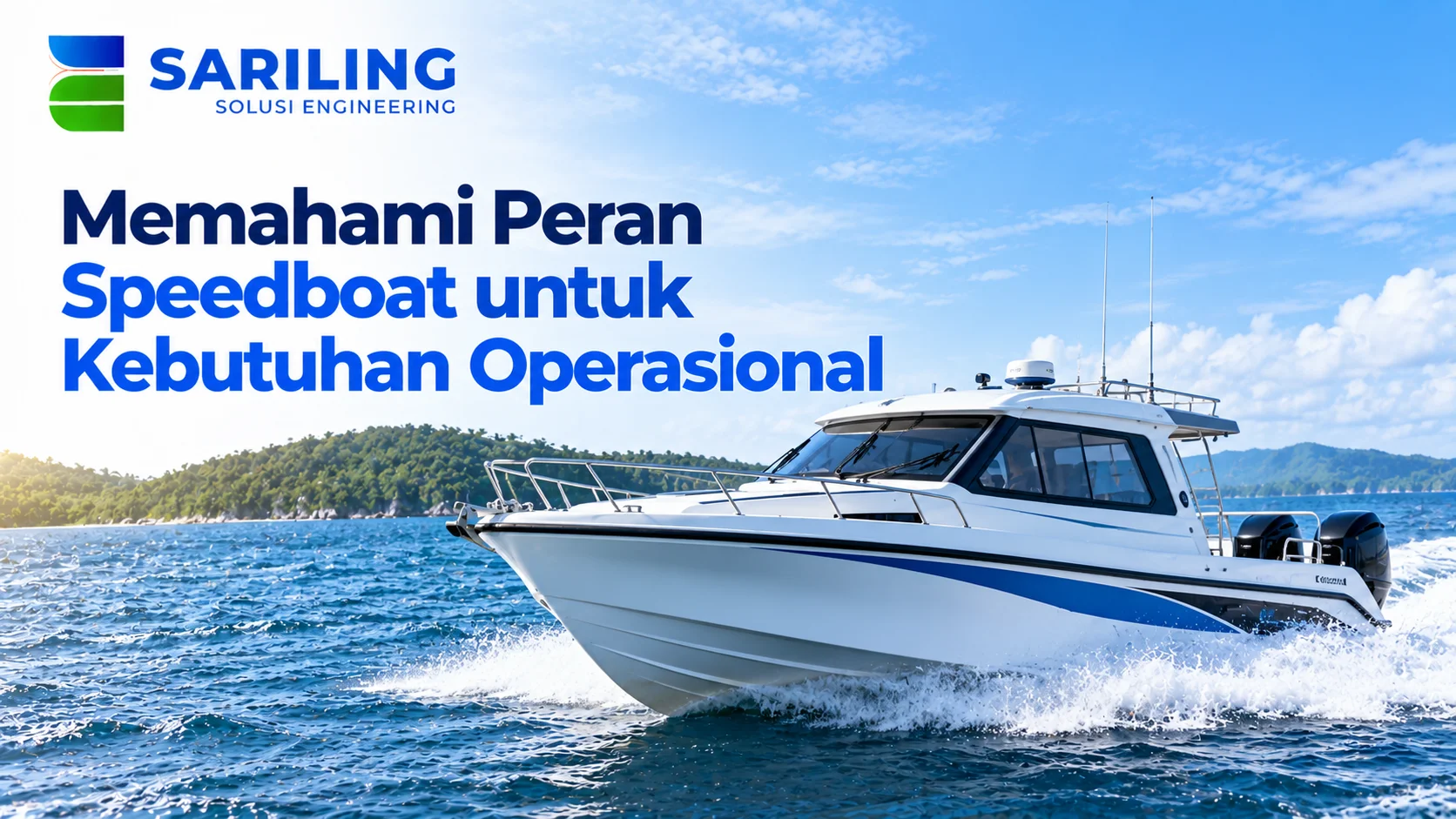 Speedboat berkecepatan tinggi berwarna putih dan biru yang melaju di perairan laut untuk mendukung kebutuhan transportasi, wisata, dan operasional.