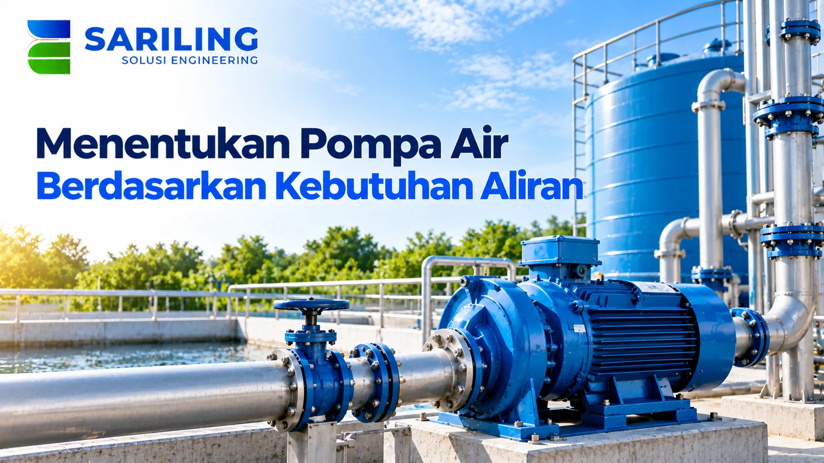 Pompa Air industri berwarna biru yang terhubung dengan sistem perpipaan dan tangki penampungan untuk mendukung kebutuhan aliran air di berbagai fasilitas.