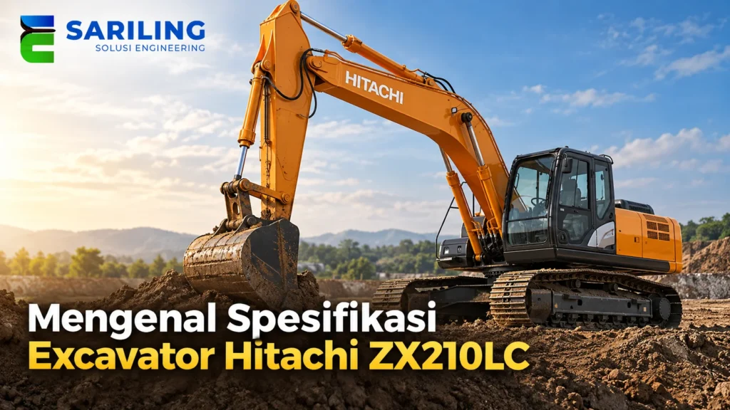 Excavator Hitachi ZX210LC INAPROC berwarna oranye untuk kebutuhan proyek konstruksi dan pengadaan alat berat pemerintah, dengan logo Sariling Solusi Engineering.