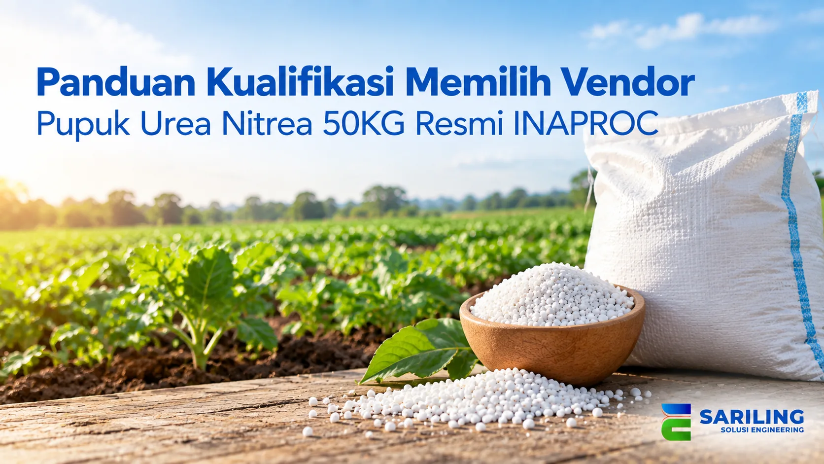 Panduan kualifikasi memilih vendor pupuk urea Nitrea 50 kg resmi INAPROC dengan visual karung pupuk dan butiran pupuk di area pertanian.
