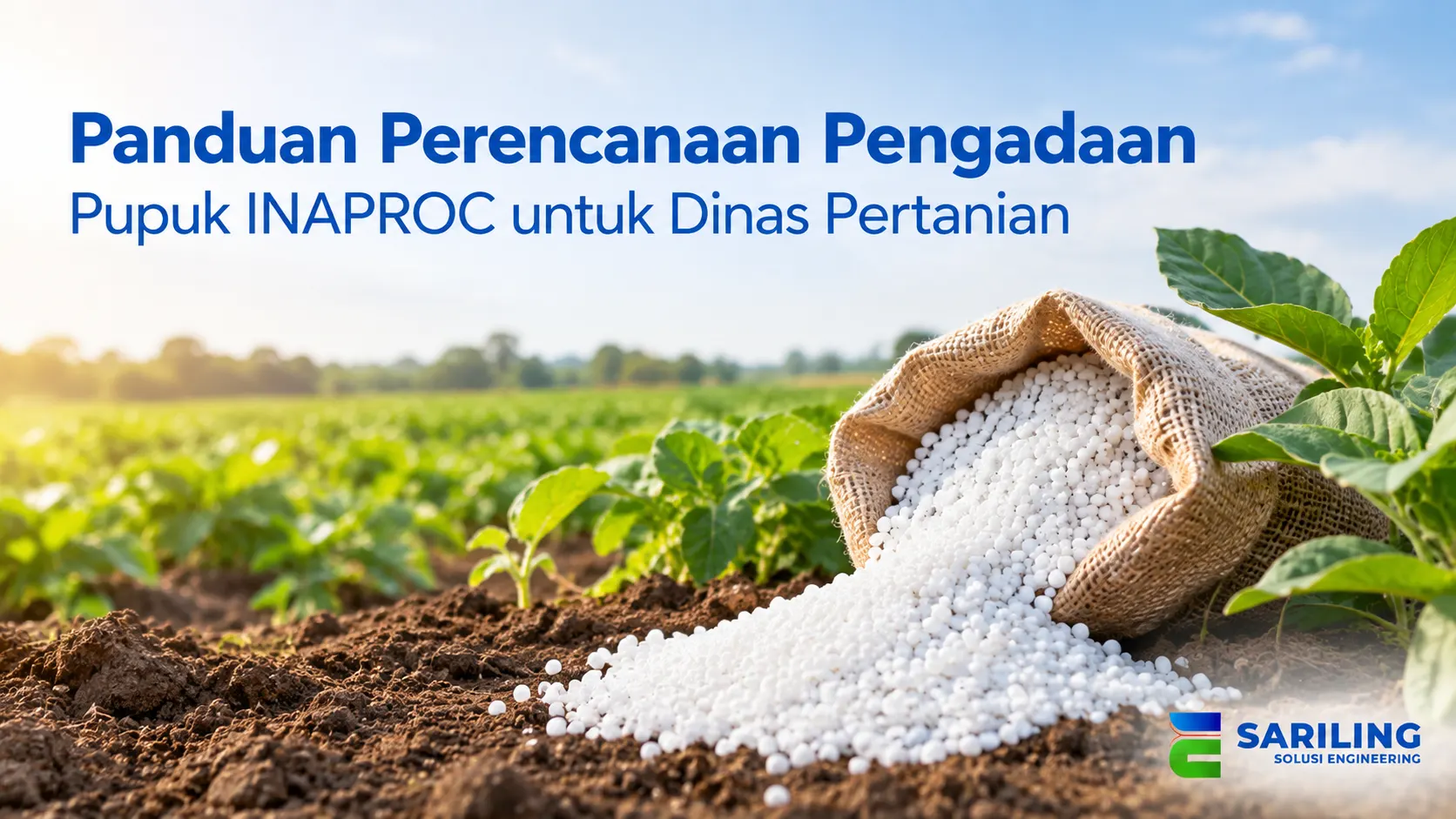 Panduan perencanaan pengadaan pupuk INAPROC untuk dinas pertanian dengan pupuk urea berbentuk butiran putih di lahan pertanian.