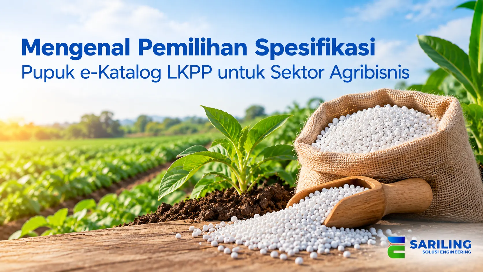 Mengenal pemilihan spesifikasi pupuk e-Katalog LKPP untuk sektor agribisnis dengan pupuk granul putih dan tanaman muda di lahan pertanian.