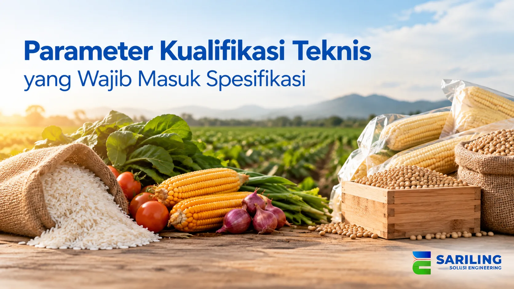Perbandingan produk pertanian lokal dan impor dengan berbagai komoditas seperti beras, jagung, kedelai, dan sayuran segar di area pertanian.