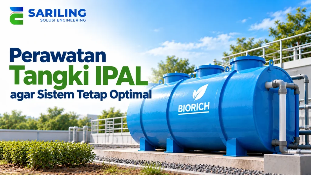 Harga Tangki IPAL Biorich dengan gambar tangki pengolahan air limbah berwarna biru dan sistem perpipaan di fasilitas pengolahan limbah, dilengkapi logo Sariling Solusi Engineering.