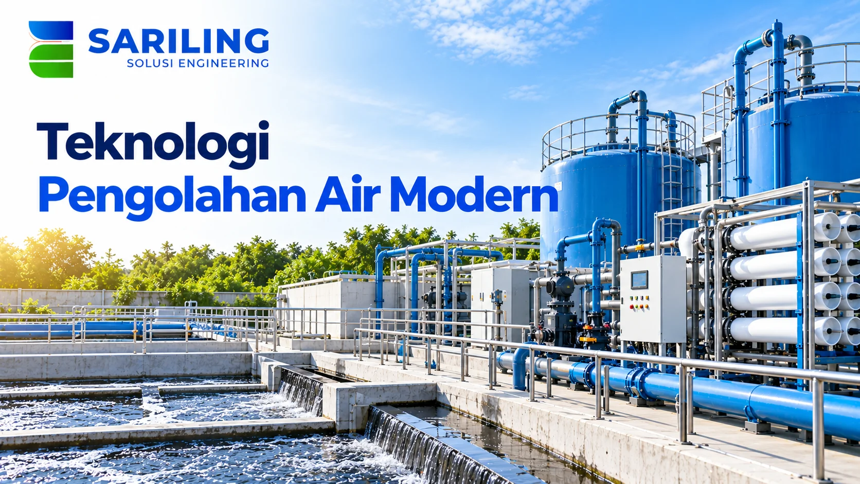 Informasi Pengadaan IPAL yang menampilkan teknologi pengolahan air modern dengan tangki, sistem filtrasi, pompa, dan perpipaan dari Sariling Solusi Engineering.