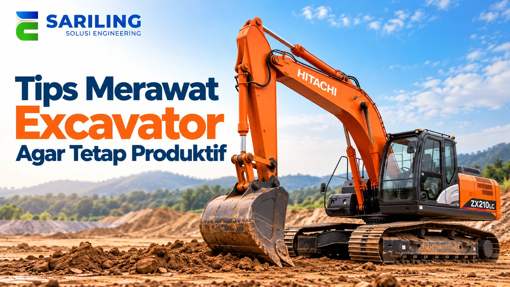 Excavator Hitachi ZX210LC INAPROC berwarna oranye di area proyek konstruksi dengan logo Sariling Engineering, menggambarkan tips perawatan excavator agar tetap produktif.