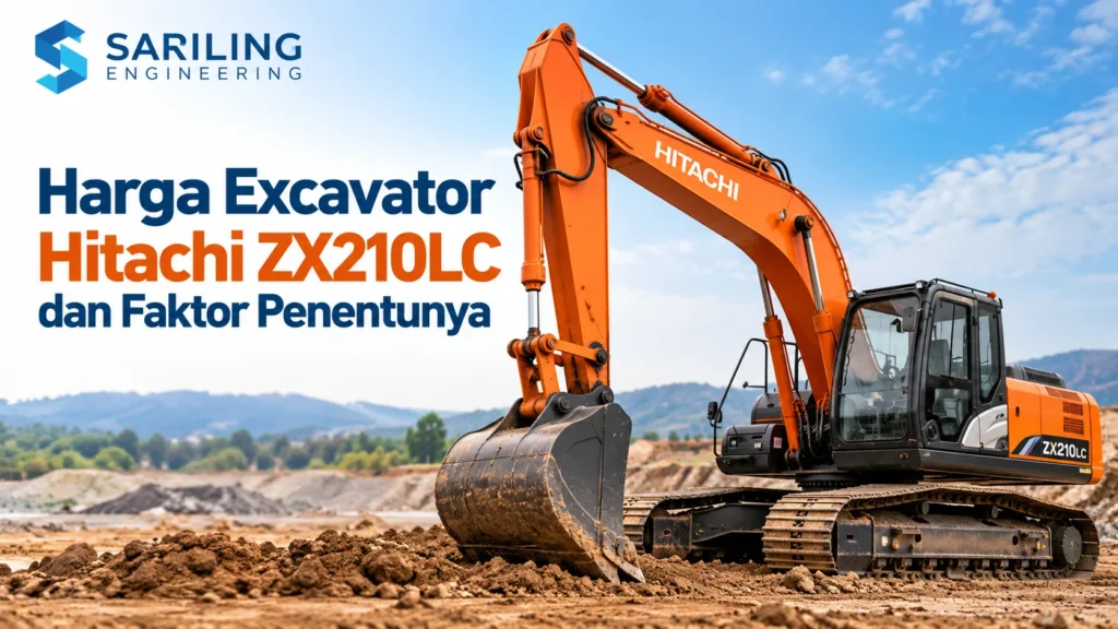 Harga Excavator Hitachi ZX210LC dengan gambar excavator hidrolik berwarna oranye di area proyek konstruksi, dilengkapi logo Sariling Engineering.